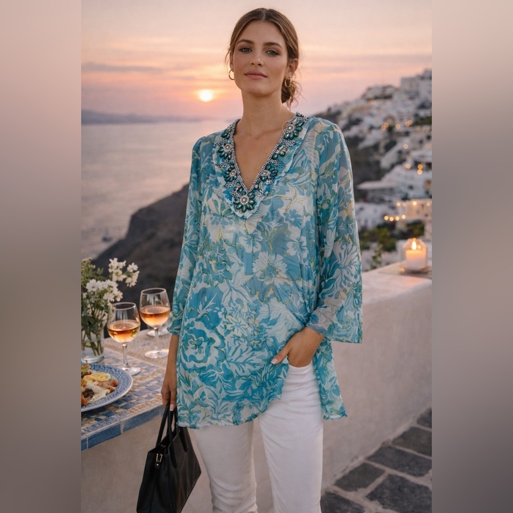 Soft Surroundings 100% Silk Embellished Tunic Blouse Small Blue Boho Resort